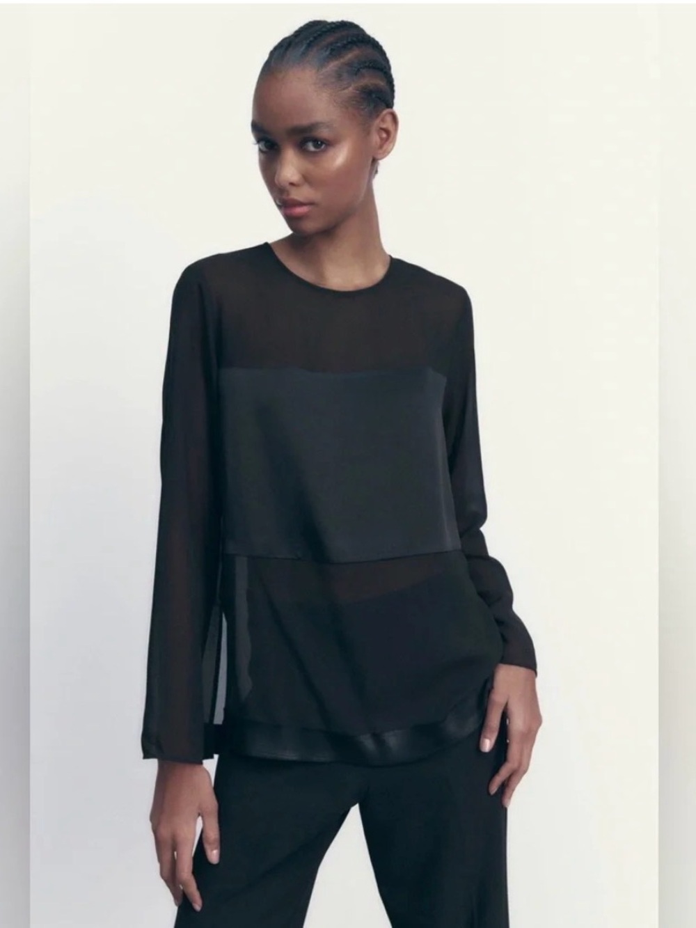 💕Zara | Sheer Contemporary Minimalist Vented Satin Blocked Blouse Top| Sz M